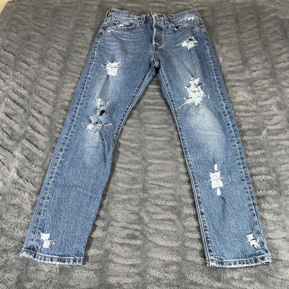 Levis 501 S Skinny Distressed Jeans Mens 27x28 Medium Wash Blue Ripped Denim
